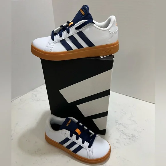 Adidas Kids' White and Navy Sneakers with Orange Accents - Picture 5 of 6